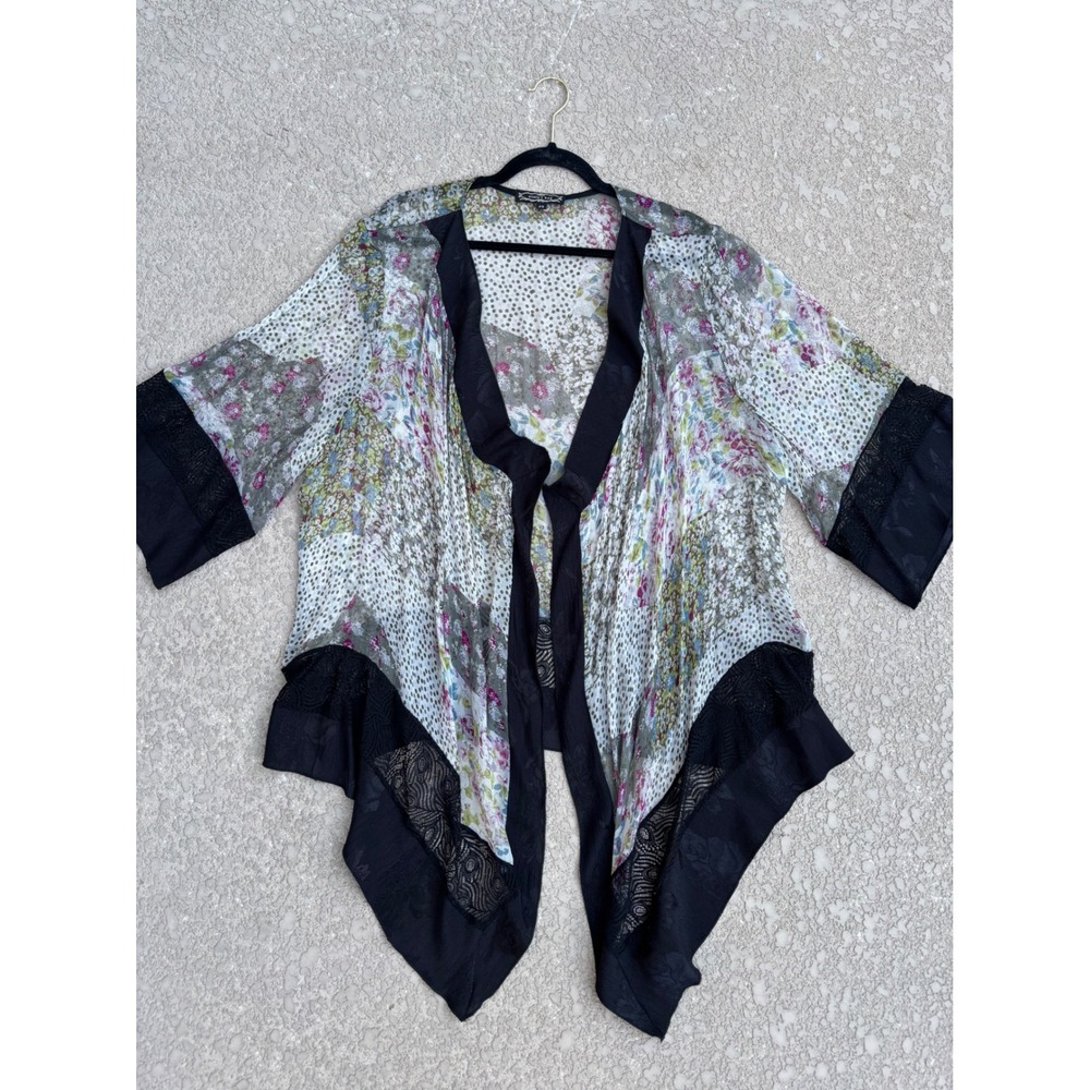 Vintage Violet Kay Floral Kimono Silk Lace Sz 2X Open Front Boho Fairy 90s